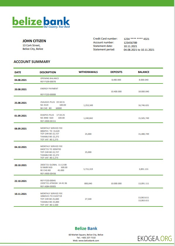 Modèle de relevé bancaire du Belize au format Word et PDF, entièrement modifiable